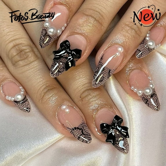 Fofosbeauty 24pcs Press on Nails, Artificial Acrylic Nails for Salon Quality in Seconds,Almond Black Lace French Edge Pearl Bow