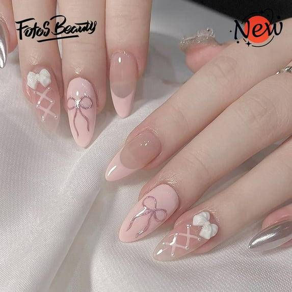 Fofosbeauty 24pcs Press on Nails, Artificial Acrylic Nails for Salon Quality in Seconds,Almond French Pink Sweet Bow