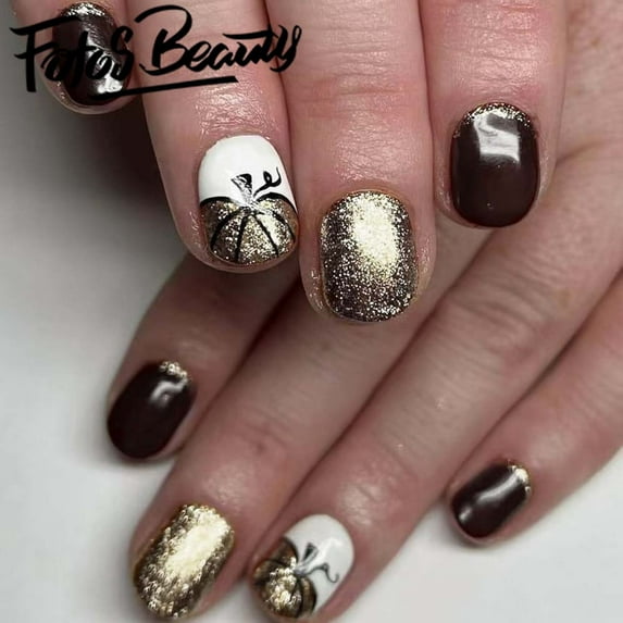 Fofosbeauty 24pcs Press on Nails, Artificial Acrylic Nails for Salon Quality in Seconds,Almond Glitter Short Gold Pumpkin