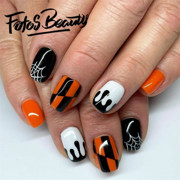 Fofosbeauty 24pcs Press on Nails, Artificial Acrylic Nails for Salon Quality in Seconds,Almond Spiderweb Check Orange Black