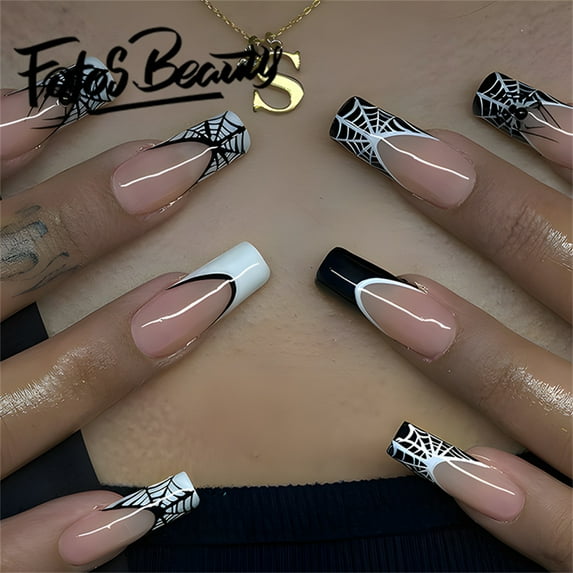 Fofosbeauty 24pcs Halloween Press on Nails, Artificial Acrylic Nails for Salon Quality in Seconds,Coffin Black and White French Manicure Spider Web Diamonds