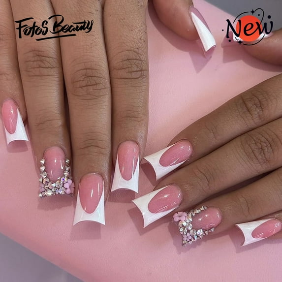 Fofosbeauty 24pcs Press on Nails, Artificial Acrylic Nails for Salon Quality in Seconds,Duckbill French Flower Inlaid Diamond