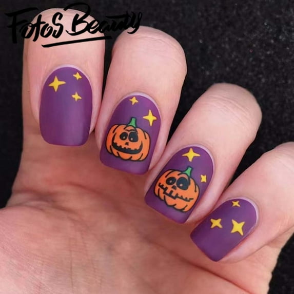 Fofosbeauty 24pcs Press on Nails, Artificial Acrylic Nails for Salon Quality in Seconds,Square Frosted Wear Nails Purple Pumpkin