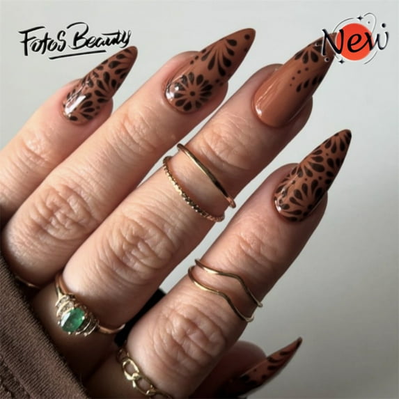 Fofosbeauty 24pcs Press on Nails, Fake Nails, Full Cover Acrylic Nails for Girls Women Kids, Almond Brown Simple Pure Flower