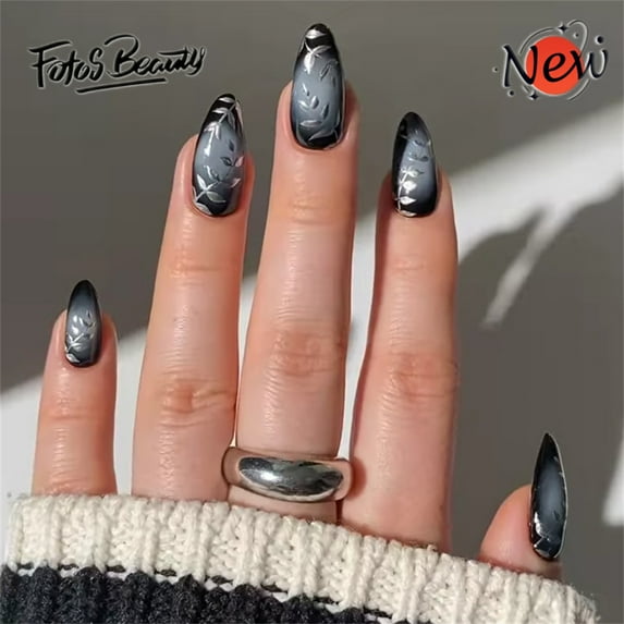 Fofosbeauty 24pcs Press on Nails, Fake Nails, Full Cover Acrylic Nails for Girls Women Kids, Almond Dark Wind Silver Leaf Bloom