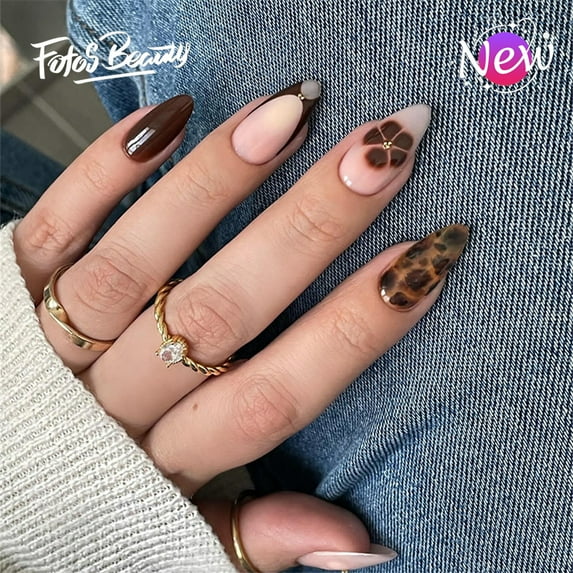 Fofosbeauty 24pcs Press on Nails, Fake Nails, Full Cover Acrylic Nails for Girls Women Kids, Almond Flower Dark Brown Leopard