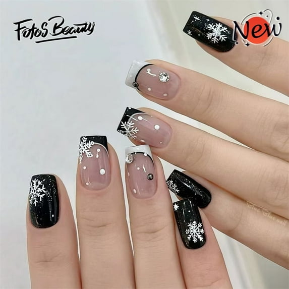 Fofosbeauty 24pcs Press on Nails, Fake Nails, Full Cover Acrylic Nails for Girls Women Kids, Coffin Christmas Snowflake Black White