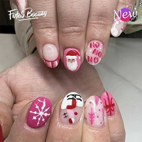 Fofosbeauty 24pcs Press on Nails, Oval Tip Nails, Christmas Fake Nails, Full Cover Acrylic Nails for Girls Kids, Oval Short Christmas Snowflake Pink