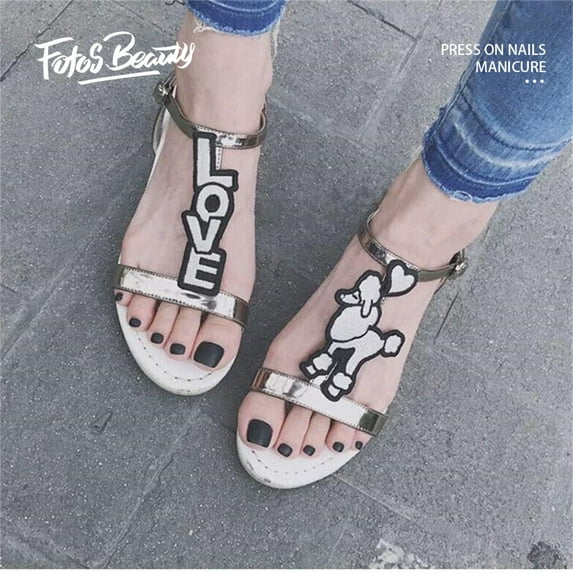 Fofosbeauty 24pcs Press on Nails Short Square Toe Nails Full Cover Fake Nails for Girls Women, Matte Black Toe Nails