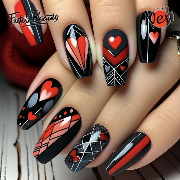Fofosbeauty 24pcs Press on Nails, Valentine's Day Fake Nails, Full Cover Acrylic Nails for Girls Women, Coffin Luxury Heart Hot Girl