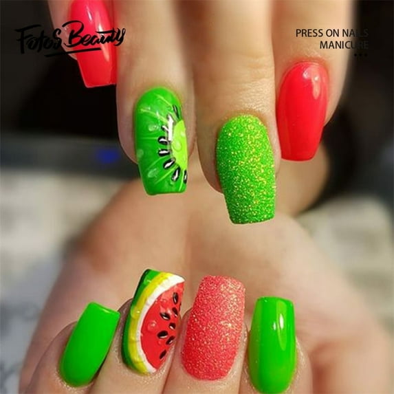 Fofosbeauty 24pcs Press on False Nails, Medium Square Fake Acrylic Nails, Summer Watermelon
