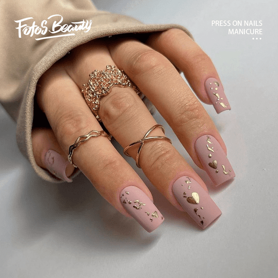 Fofosbeauty 24pcs Short Coffin Fake Press-on Nails for Girls Women,Gilded Heart