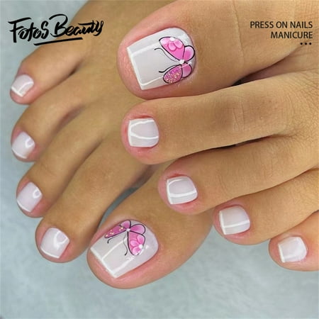 Fofosbeauty 24pcs Toe Press on Nails, 2024 Fake Nails Square Tips Design,Cute Butterfly White