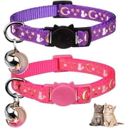 Xekoro 2PCS Breakaway Cat Collars with Bell Moons Stars Cute Kitty Adjustable Safe Kitten Collars with Pendant Glow in The Dark(Purple&Pink)