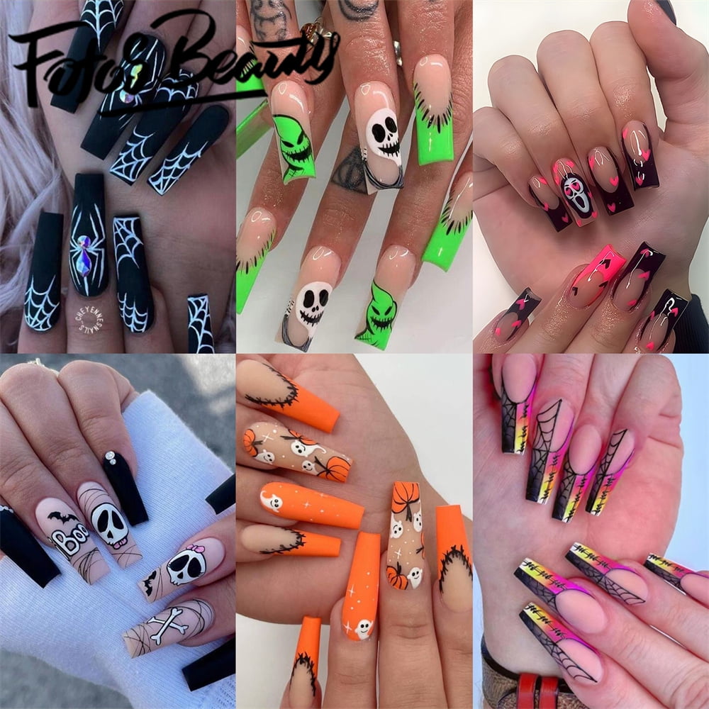 Halloween Press-On Nails – Medium Coffin Form, Schwarz Mit Blume, Glossy Finish, 24 Stück