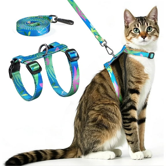 Xekoro Cat Harness and Leash Set - Escape Proof Adjustable Soft Cat Harness, Use Safe & Easy, Walking Travel Kitten Harness for Small Medium Large Cats (Hawaii Green)