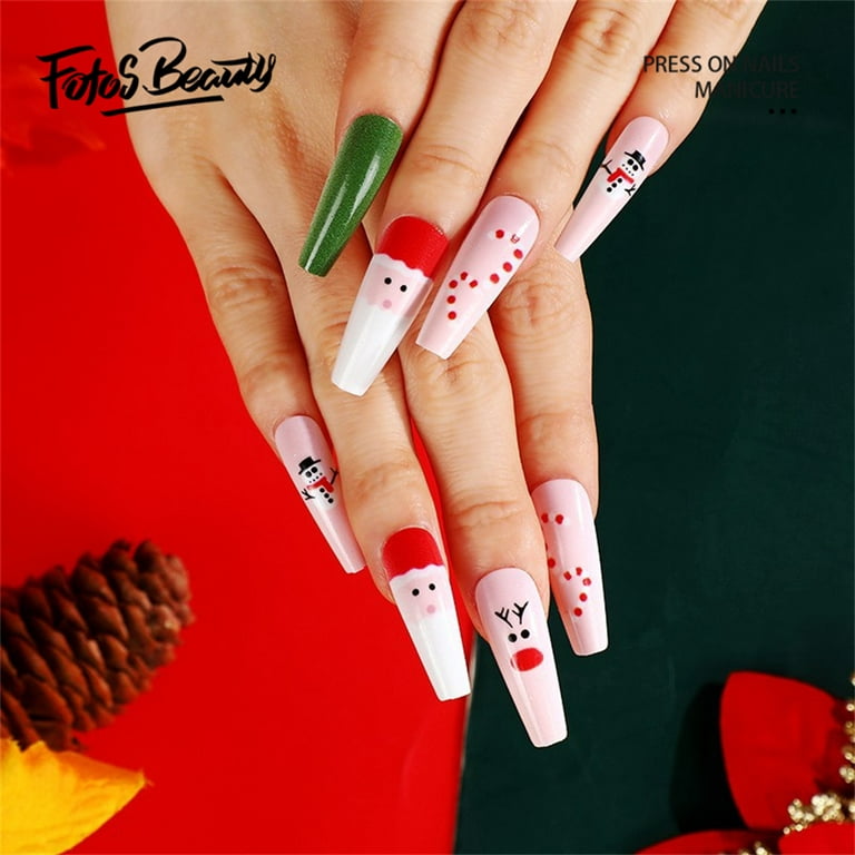 Christmas Decoration Fofosbeauty 24 pcs Long False Nails, Press-on Nails  Designs 2022, Coffin french V diamonds