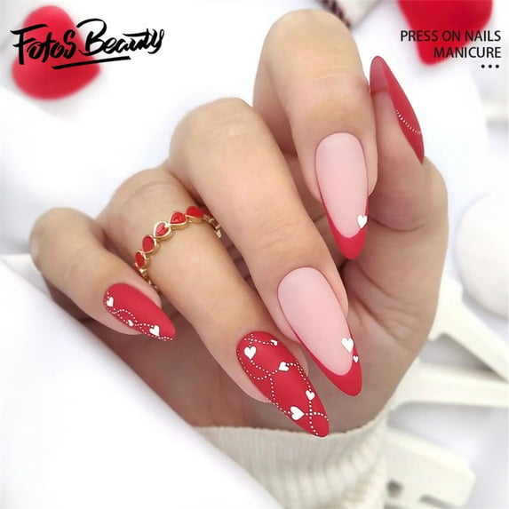 Fofosbeauty Christmas Nails 24pcs Press on False Nails Tips, Almond Fake Acrylic Nails, French Heart Red