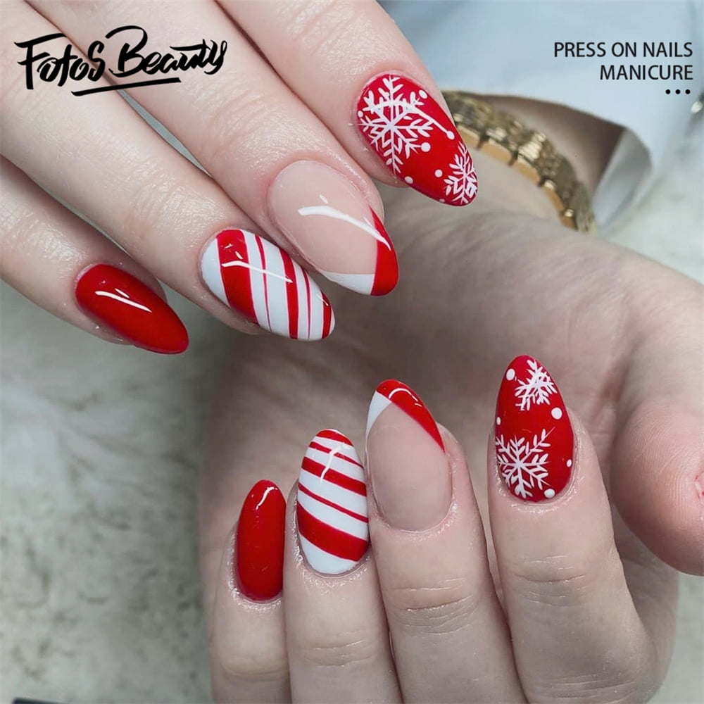 Amazon.com: Press on Nails Almond Medium Length Fake Nails Red French Tip  Acrylic Nails Full Cove Stick on Nails Glossy Glue on Nails Holiday False Nails  Nail Decorations for Women and Girls :