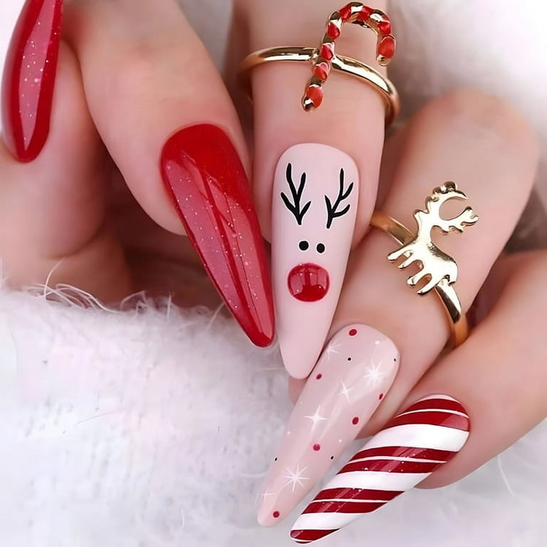 Fofosbeauty Christmas Nails 24pcs Christmas on False Nails Tips, Coffin  Fake Acrylic Nails, Powder Diamond Snowflake Red 
