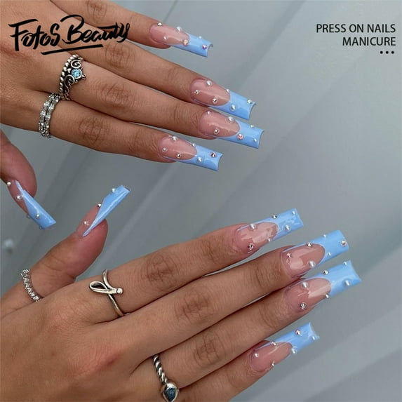 Fofosbeauty Christmas Nails 24pcs Press on False Nails Tips, Coffin Fake Acrylic Nails, French Bead Blue