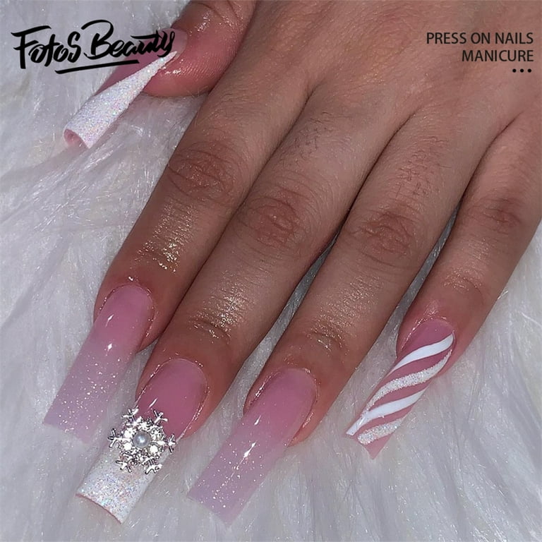 LADYING 24 PCS Acrylic Square Press on Nails Short White and Pink French  Fake False Nails With Glue, Gel Acrylic Nail Art Kit Stick Ons Manicure for