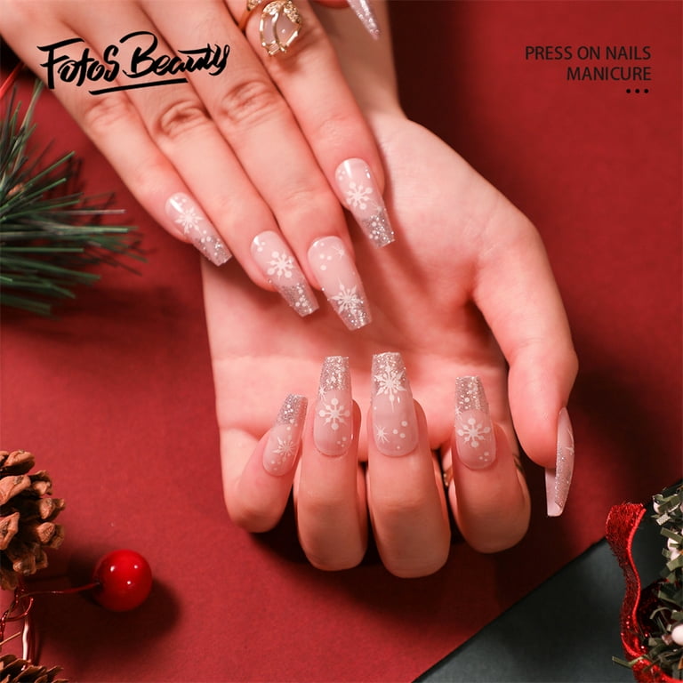 Christmas 24PCs False Fake Nails Snowflake French Fake Nails