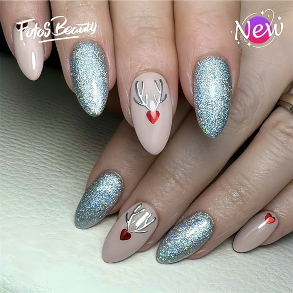 Fofosbeauty 24pcs Press on Nails, Fake Nails, Full Cover Acrylic Nails for Girls Women Kids, Almond Christmas Love Elk Pink Silver