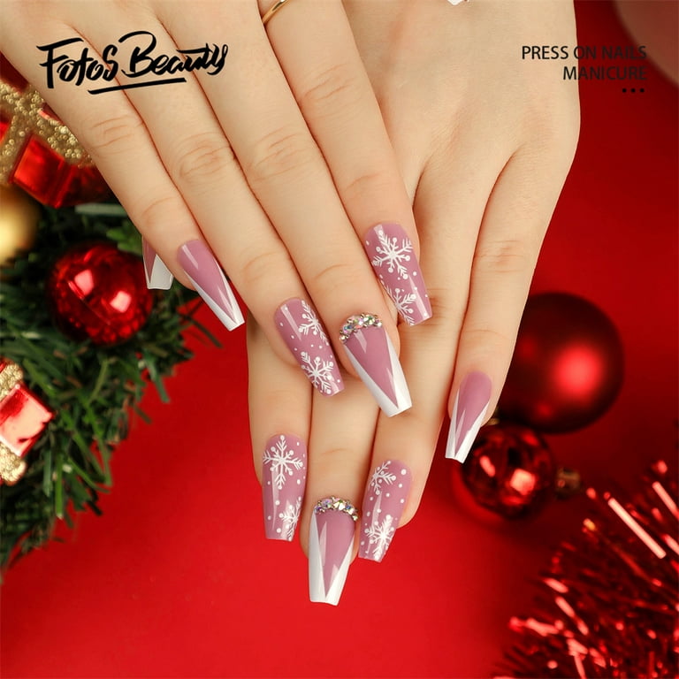 24pcs Christmas False Nails Rhinestone Glitter Snowflake Design