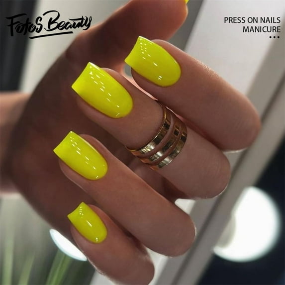 Fofosbeauty Christmas Nails 24pcs Press on False Nails Tips, Square Fake Acrylic Nails, Pure Brilliant Neon Yellow