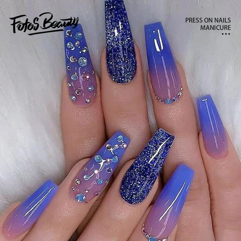 Fofosbeauty Coffin Fake Nails Press on Summer Hot Night Sky Sparkle Blue Gradual Shine