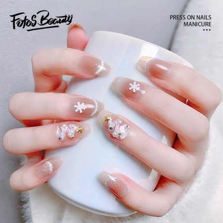 Fofosbeauty False Nails, Coffin Press on Nails Tips Design, Tree White