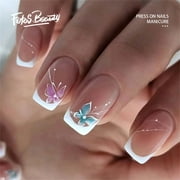 Fofosbeauty French Tip Press on Nails Medium Square Fake Nails Glossy Butterfly False Nail Tips Nude Artificial Nails for Women and Girls-24pcs