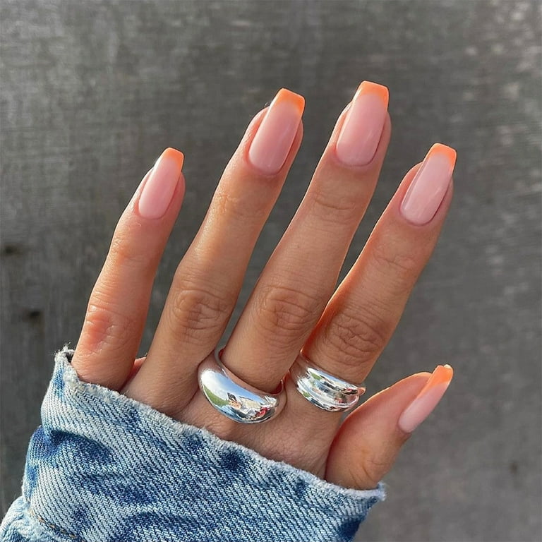 Fofosbeauty Full Cover Fake Nails Short Square Nails for Girls Womens French Pink Rose