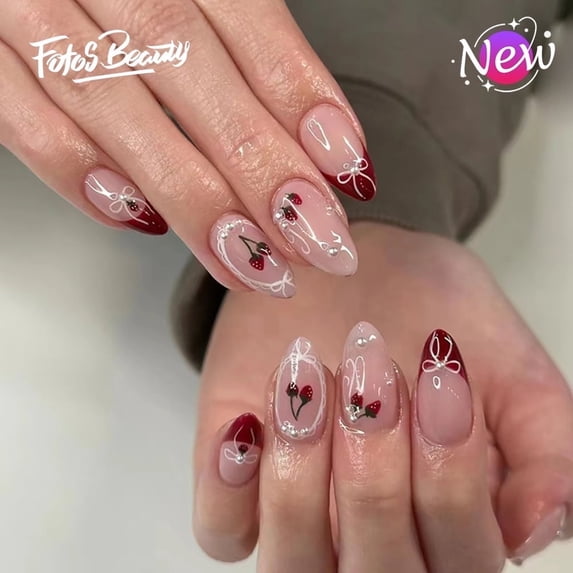 Fofosbeauty Press on Nails Tips, 24pcs Artificail Nails Tips Design, Almond French Red Pearl Cherry