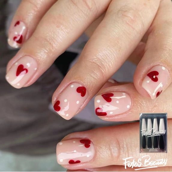 Fofosbeauty Short Square Fake Nails, Press-on, Heart on Finger
