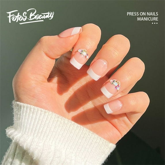 Fofosbeauty Short Square Press on Nails, Full Cover Fake Nails, French Cross Diamonds