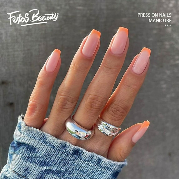 Fofosbeauty Short Square Press on Nails, Full Cover Fake Nails, French Pink Rose