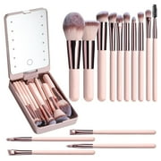 Fofosbeauty Travel Makeup Brush Set Foundation Powder Concealers Eye Shadows Makeup Set with LED light Mirror 14 Pcs (Pink)
