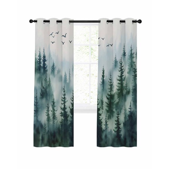Fog Bird Forest Blackout Curtains 72 Inch Length Abstract Mystery Spring Dark Green Tree Forest Thermal Insulated Window Curtain Window Drapes 2 Panels for Bedroom Living Room 52"Wx72"L