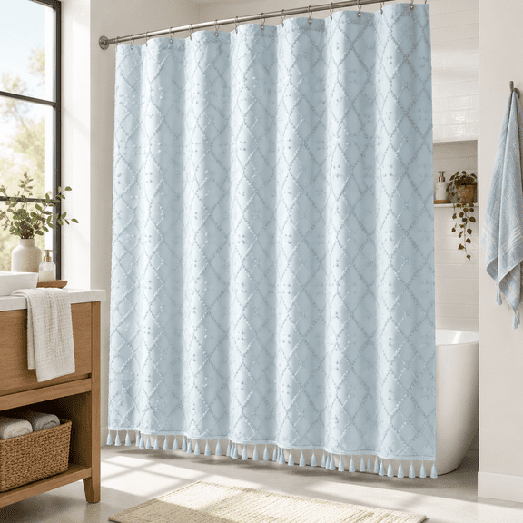 Fog Blue Tufted Geometric Striped Fabric Shower Curtain, 72"W x 72"L Pack of 1