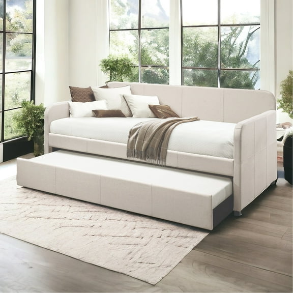 Fog Fabric Daybed With Versatile Trundle - Wood Leg, 43" Depth, 330 Lbs Weight Capacity Upholstered Twin Foam Padding, Solid /poplar Construction