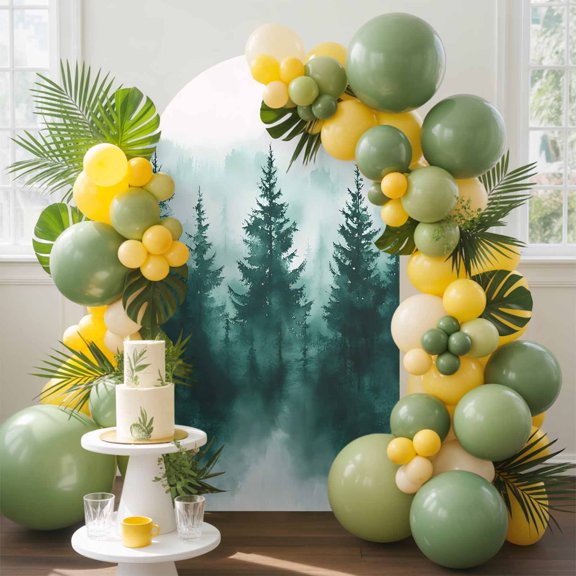 Fog Forest Arch Backdrop Cover, 4FT, Abstract Dark Green Mystery Tree Forest Watercolor Spring Spandex Arch Covers Double-Sided Backdrop for Wedding Birthday Party Photo Background Decoration