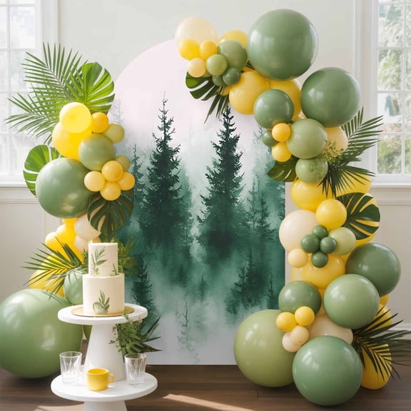 Fog Forest Arch Backdrop Cover, 4FT, Abstract Mystery Spring Dark Green Forest Tree Watercolor Spandex Arch Covers Double-Sided Backdrop for Wedding Birthday Party Photo Background Decoration