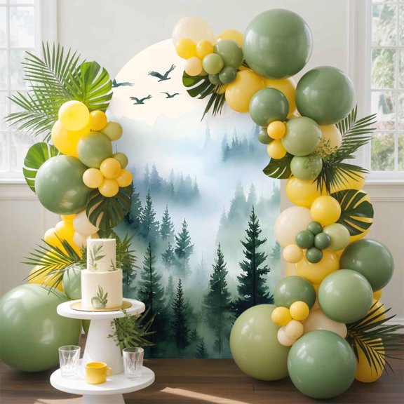 Fog Forest Arch Backdrop Cover, 4FT, Abstract Mystery Spring Dark Green Tree Bird Forest Spandex Arch Covers Double-Sided Backdrop for Wedding Birthday Party Photo Background Decoration