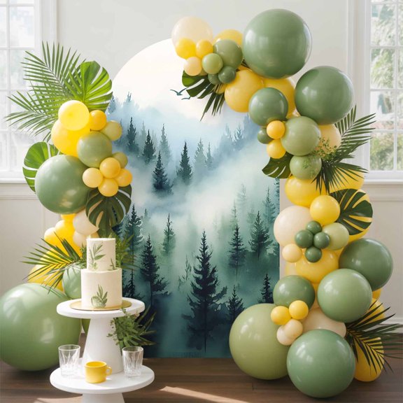Fog Forest Arch Backdrop Cover, 4FT, Abstract Mystery Spring Dark Green Tree Forest Birds Spandex Arch Covers Double-Sided Backdrop for Wedding Birthday Party Photo Background Decoration