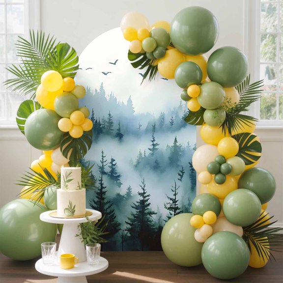Fog Forest Arch Backdrop Cover, 4FT, Mystery Abstract Spring Dark Green Tree Forest Bird Spandex Arch Covers Double-Sided Backdrop for Wedding Birthday Party Photo Background Decoration