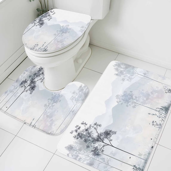 Fog Forest Bathroom Rugs Set Vintage Mountain Branch Tree Botanical Farmhouse Non Slip Absorbent Soft Bath Mats 3 Piece Set with Bathroom Rug, U-Shaped Floor Mat, Toilet Seat Cover Small Size