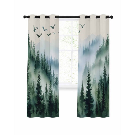 Fog Forest Blackout Curtains 72 Inch Length Abstract Mystery Spring Dark Green Tree Bird Forest Thermal Insulated Window Curtain Window Drapes 2 Panels for Bedroom Living Room 52"Wx72"L