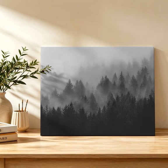 Fog Forest Canvas Wall Art, Rustic Minimalist Charcoal Black White Mist Forest Wall Art Prints Artwork Framed Canvas Ready to Hang Art Pictures for Bathroom Bedroom Entry Desk Corner 10" x 8"